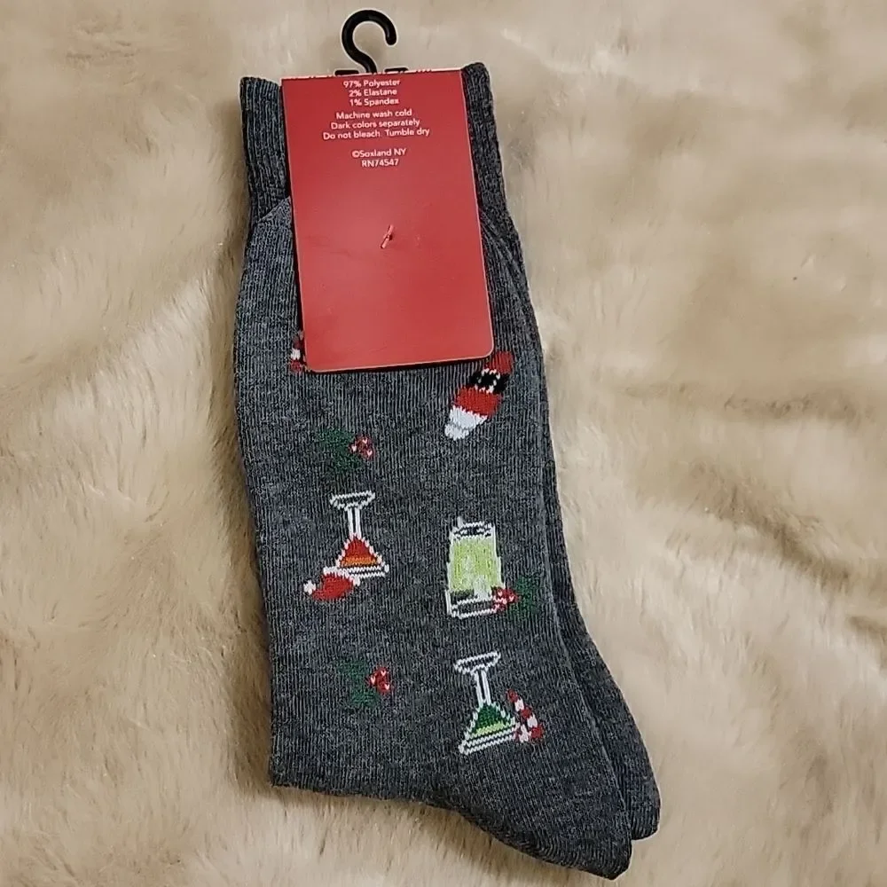 MEN'S DAVCO CHARCOAL GRAY FESTIVE DRINKS CHRISTMAS HOLIDAY CASUAL SOCKS - NEW!
